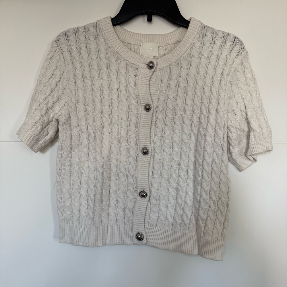 H&M Cream Cable-Knit Short Sleeve Button Cardigan